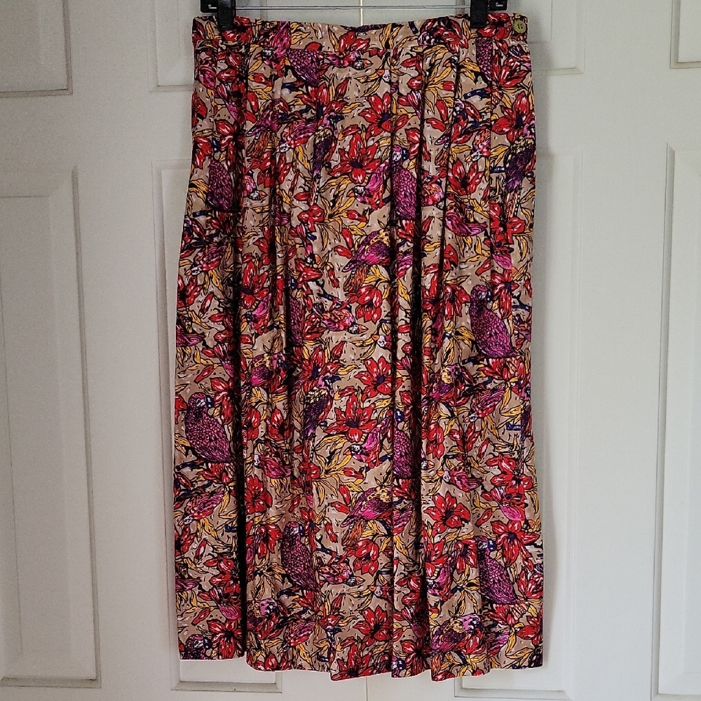 Vintage Weathervane Midi Skirt Floral Bird Print Cottagecore Sz 14p